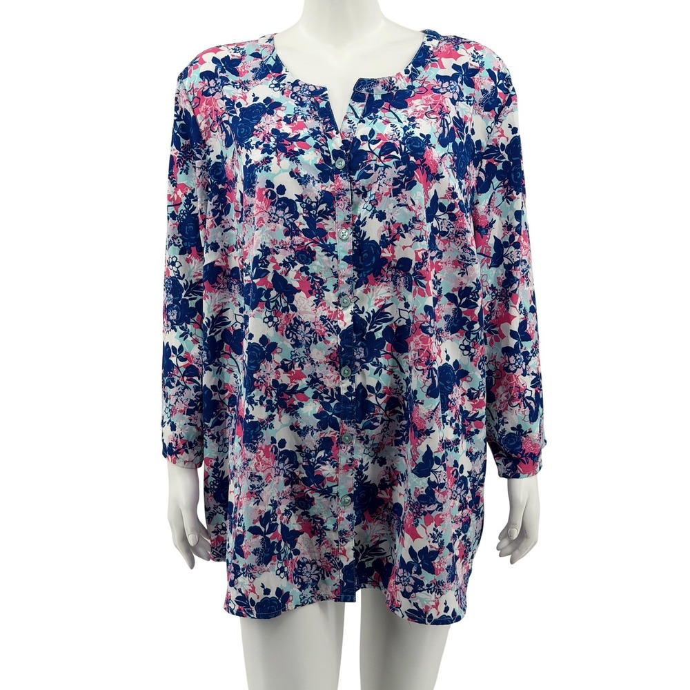 Catherines Top Womens 2X Pink Blue Floral V-Neck Sheer Long Sleeve Spring Office